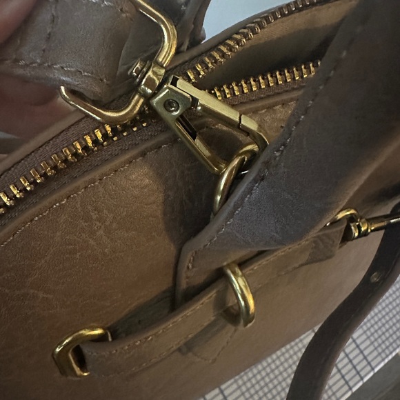 Elegant Taupe Vegan Leather Dome Satchel with Crossbody Strap & Gold Hardware - Picture 6 of 10